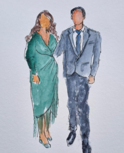 couple d'invités à un mariage représenté en aquarelle, animation de mariage originale et artistique