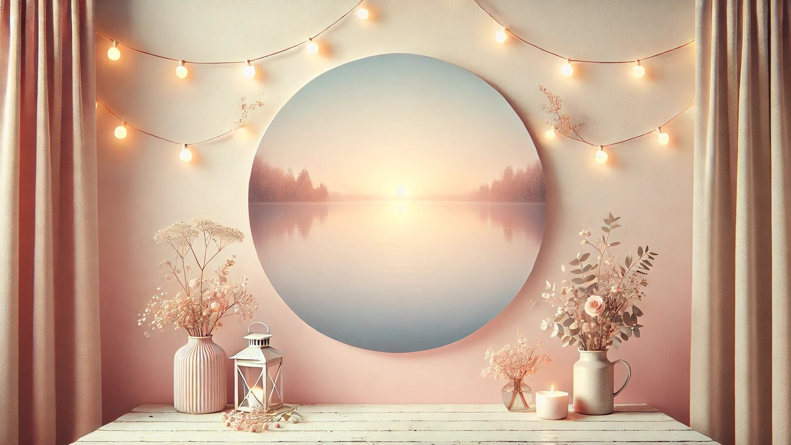 image d'illustration dans des tons rosés avec des végétaux et des guirlandes lumineuses