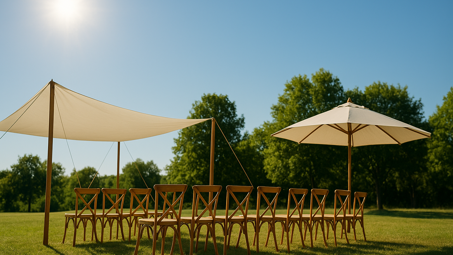cérémonie laïque en plein soleil avec des chaises et des parasols