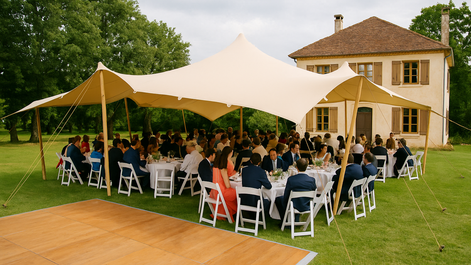 réception de mariage sous un chapiteau dans un jardin avec une maison derrière